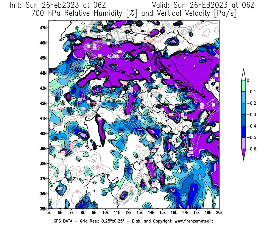 Mappa di analisi GFS - Umidità relativa [%] e Omega [Pa/s] a 700 hPa in Italia
							del 26/02/2023 06 <!--googleoff: index-->UTC<!--googleon: index-->