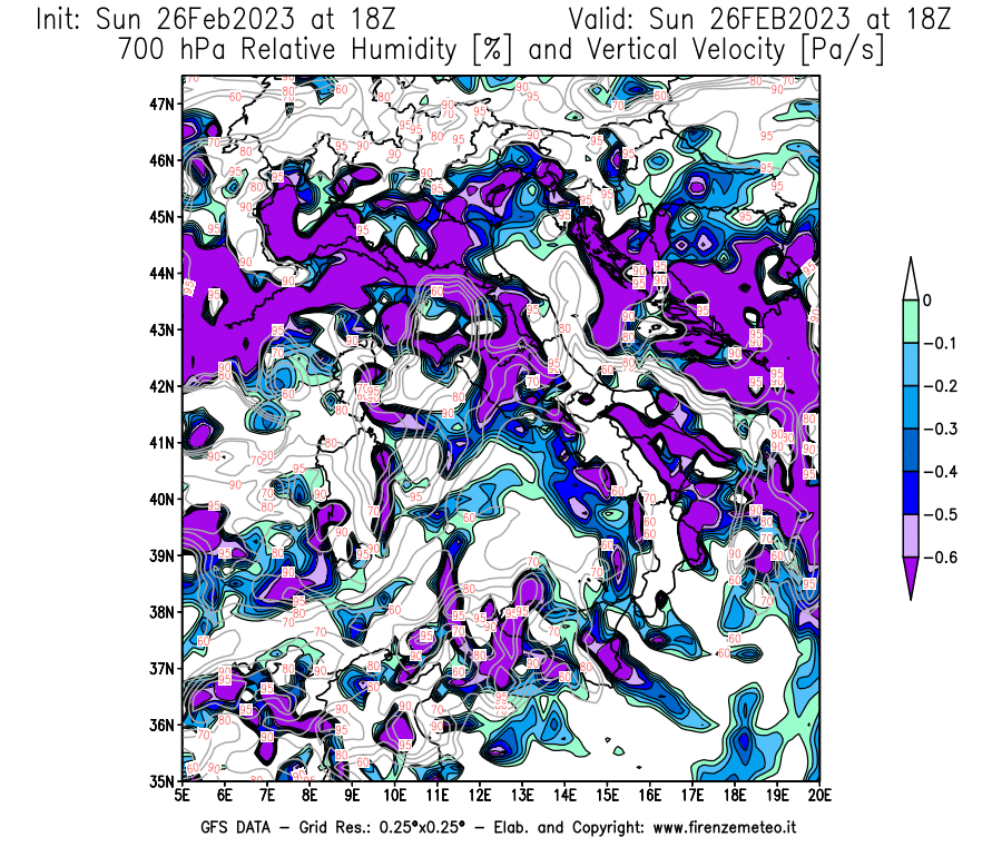 Mappa di analisi GFS - Umidità relativa [%] e Omega [Pa/s] a 700 hPa in Italia
							del 26/02/2023 18 <!--googleoff: index-->UTC<!--googleon: index-->