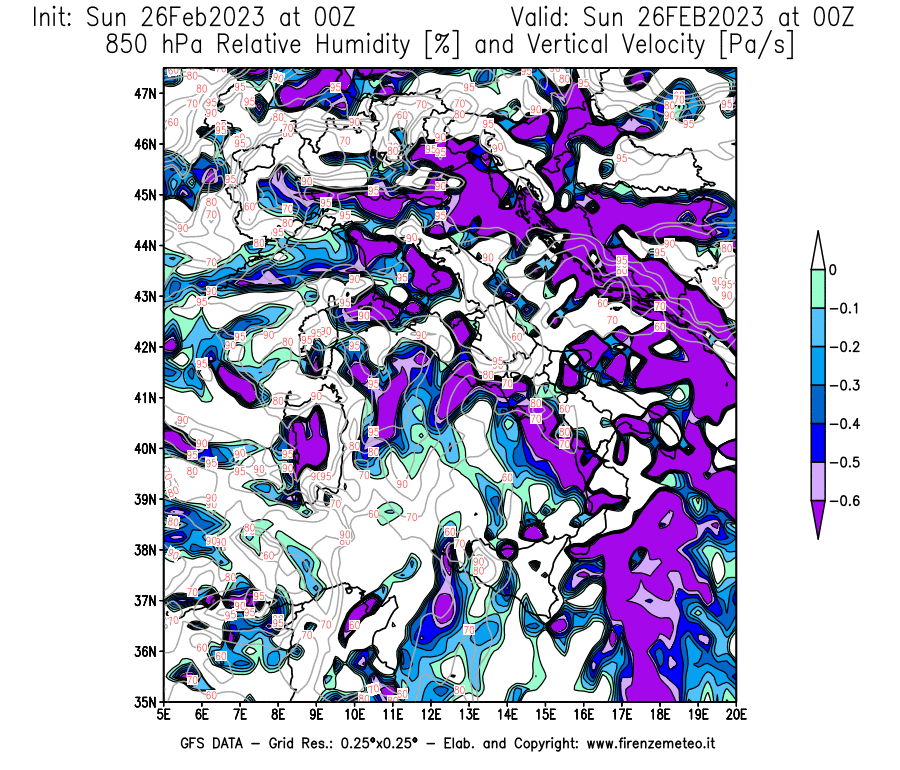 Mappa di analisi GFS - Umidità relativa [%] e Omega [Pa/s] a 850 hPa in Italia
							del 26/02/2023 00 <!--googleoff: index-->UTC<!--googleon: index-->