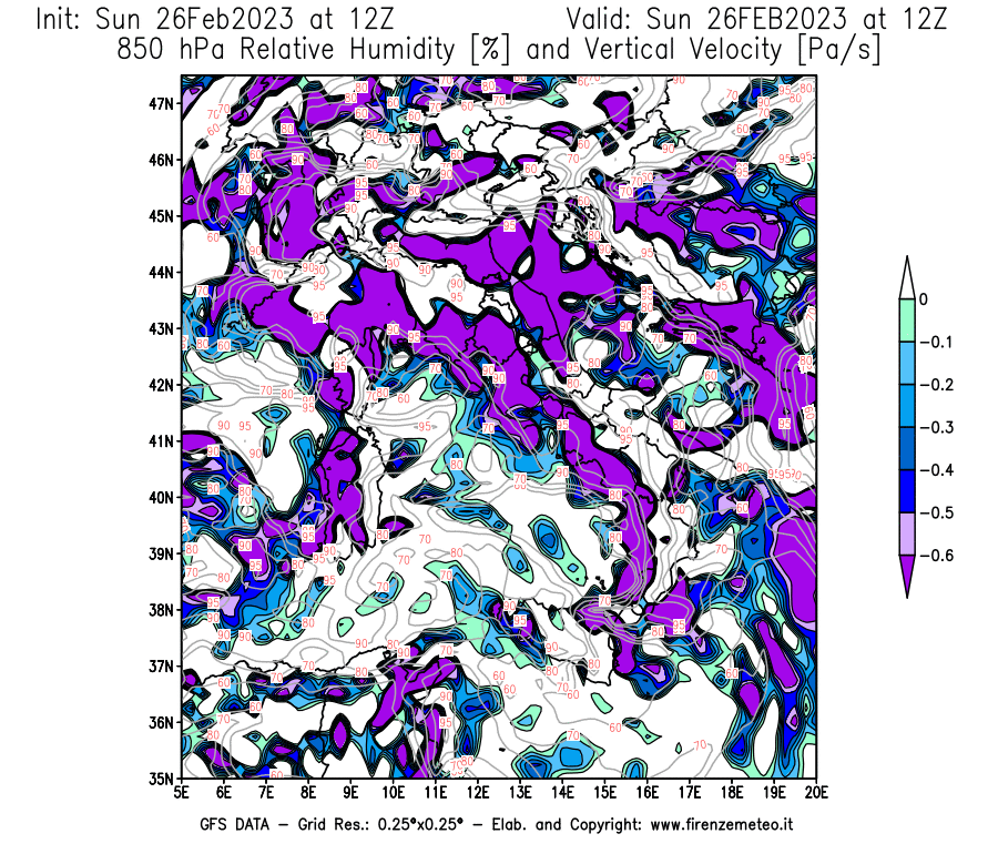 Mappa di analisi GFS - Umidità relativa [%] e Omega [Pa/s] a 850 hPa in Italia
							del 26/02/2023 12 <!--googleoff: index-->UTC<!--googleon: index-->