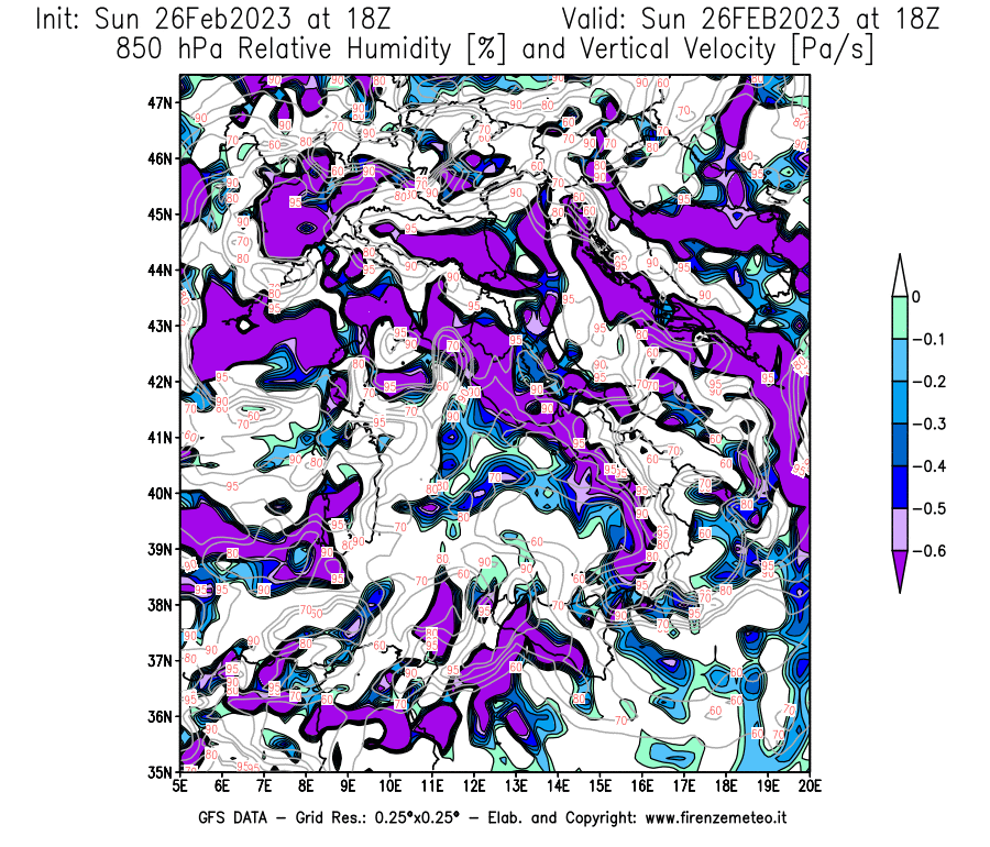 Mappa di analisi GFS - Umidità relativa [%] e Omega [Pa/s] a 850 hPa in Italia
							del 26/02/2023 18 <!--googleoff: index-->UTC<!--googleon: index-->
