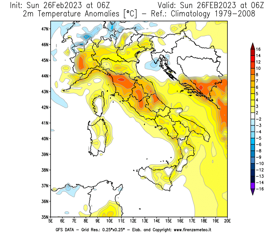 Mappa di analisi GFS - Anomalia Temperatura [°C] a 2 m in Italia
							del 26/02/2023 06 <!--googleoff: index-->UTC<!--googleon: index-->
