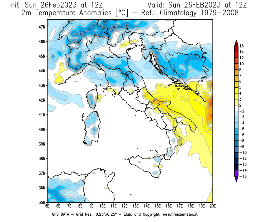 Mappa di analisi GFS - Anomalia Temperatura [°C] a 2 m in Italia
							del 26/02/2023 12 <!--googleoff: index-->UTC<!--googleon: index-->