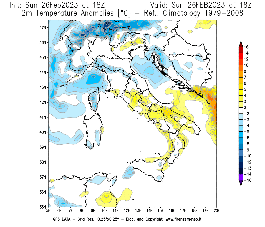 Mappa di analisi GFS - Anomalia Temperatura [°C] a 2 m in Italia
							del 26/02/2023 18 <!--googleoff: index-->UTC<!--googleon: index-->