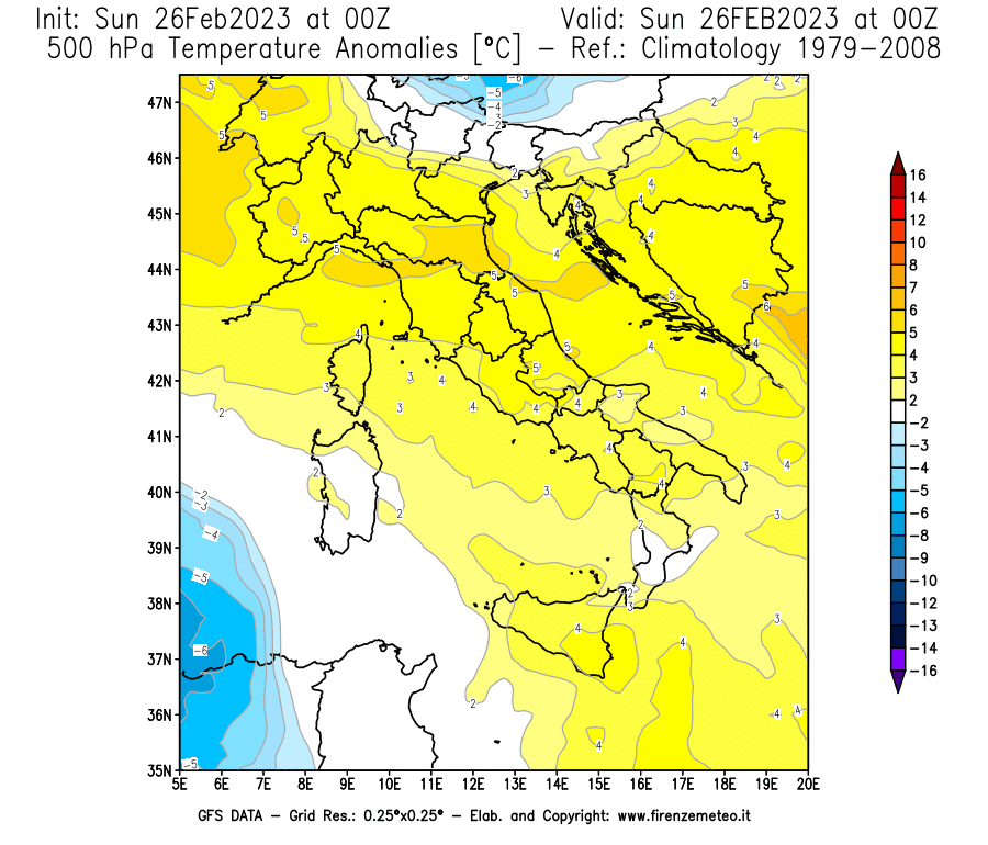 Mappa di analisi GFS - Anomalia Temperatura [°C] a 500 hPa in Italia
							del 26/02/2023 00 <!--googleoff: index-->UTC<!--googleon: index-->