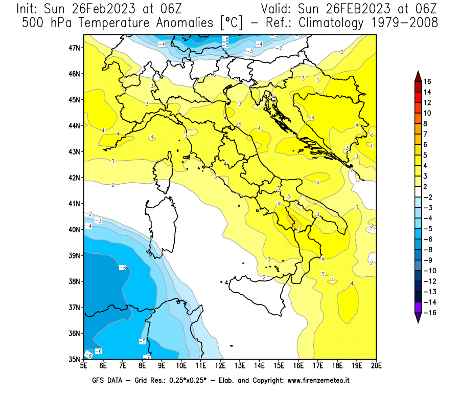 Mappa di analisi GFS - Anomalia Temperatura [°C] a 500 hPa in Italia
							del 26/02/2023 06 <!--googleoff: index-->UTC<!--googleon: index-->