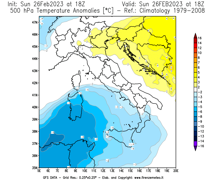 Mappa di analisi GFS - Anomalia Temperatura [°C] a 500 hPa in Italia
							del 26/02/2023 18 <!--googleoff: index-->UTC<!--googleon: index-->