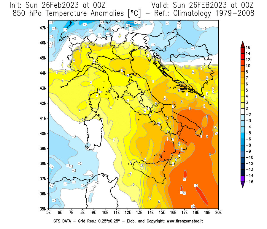 Mappa di analisi GFS - Anomalia Temperatura [°C] a 850 hPa in Italia
							del 26/02/2023 00 <!--googleoff: index-->UTC<!--googleon: index-->