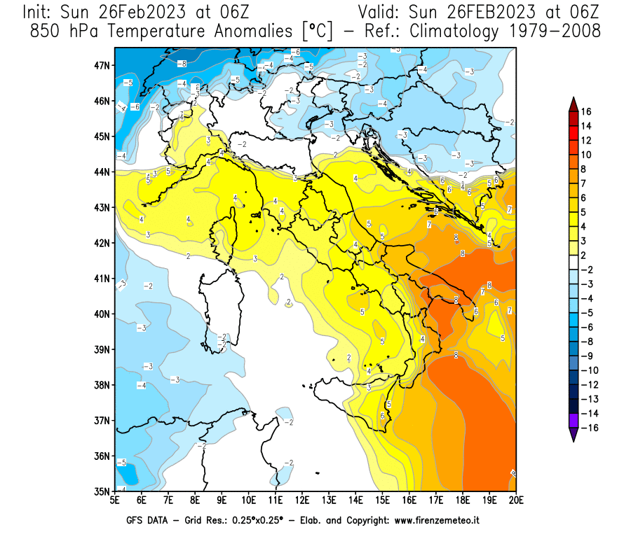 Mappa di analisi GFS - Anomalia Temperatura [°C] a 850 hPa in Italia
							del 26/02/2023 06 <!--googleoff: index-->UTC<!--googleon: index-->