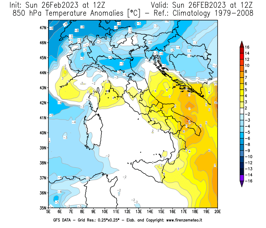 Mappa di analisi GFS - Anomalia Temperatura [°C] a 850 hPa in Italia
							del 26/02/2023 12 <!--googleoff: index-->UTC<!--googleon: index-->