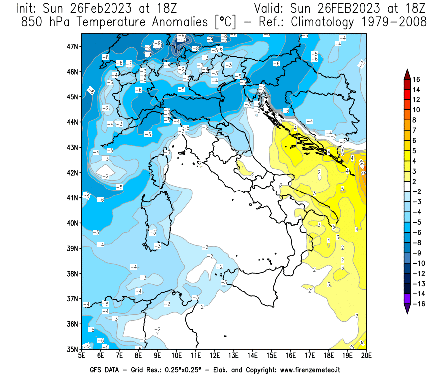 Mappa di analisi GFS - Anomalia Temperatura [°C] a 850 hPa in Italia
							del 26/02/2023 18 <!--googleoff: index-->UTC<!--googleon: index-->