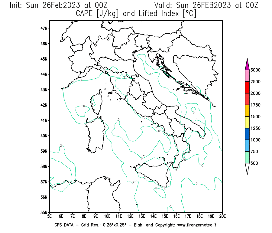 Mappa di analisi GFS - CAPE [J/kg] e Lifted Index [°C] in Italia
							del 26/02/2023 00 <!--googleoff: index-->UTC<!--googleon: index-->