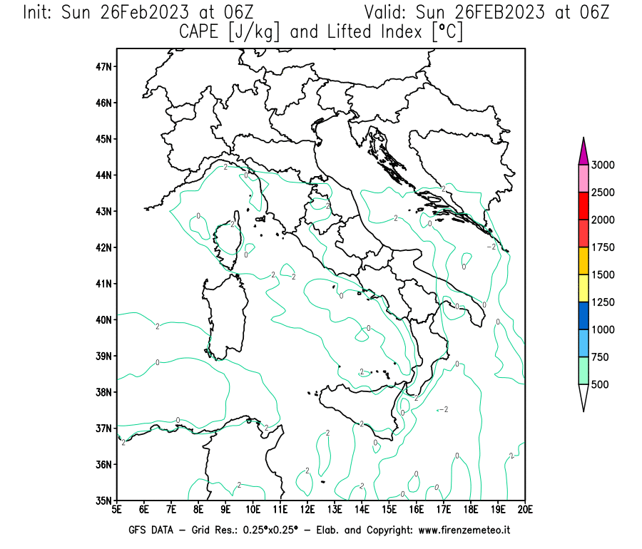 Mappa di analisi GFS - CAPE [J/kg] e Lifted Index [°C] in Italia
							del 26/02/2023 06 <!--googleoff: index-->UTC<!--googleon: index-->
