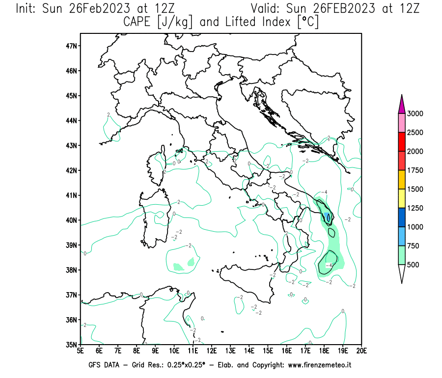 Mappa di analisi GFS - CAPE [J/kg] e Lifted Index [°C] in Italia
							del 26/02/2023 12 <!--googleoff: index-->UTC<!--googleon: index-->
