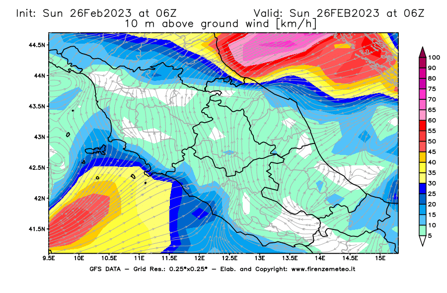Mappa di analisi GFS - Velocità del vento a 10 metri dal suolo [km/h] in Centro-Italia
							del 26/02/2023 06 <!--googleoff: index-->UTC<!--googleon: index-->