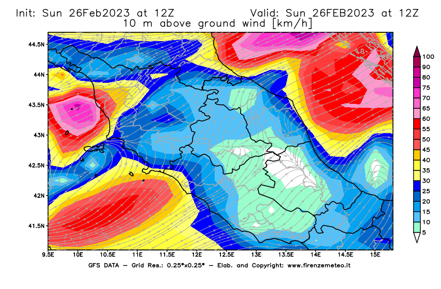 Mappa di analisi GFS - Velocità del vento a 10 metri dal suolo [km/h] in Centro-Italia
							del 26/02/2023 12 <!--googleoff: index-->UTC<!--googleon: index-->