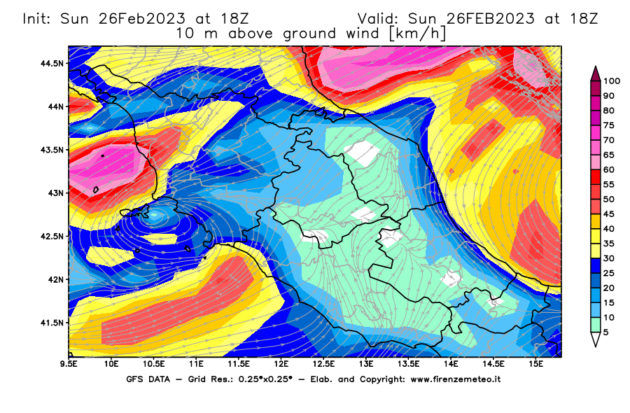 Mappa di analisi GFS - Velocità del vento a 10 metri dal suolo [km/h] in Centro-Italia
							del 26/02/2023 18 <!--googleoff: index-->UTC<!--googleon: index-->