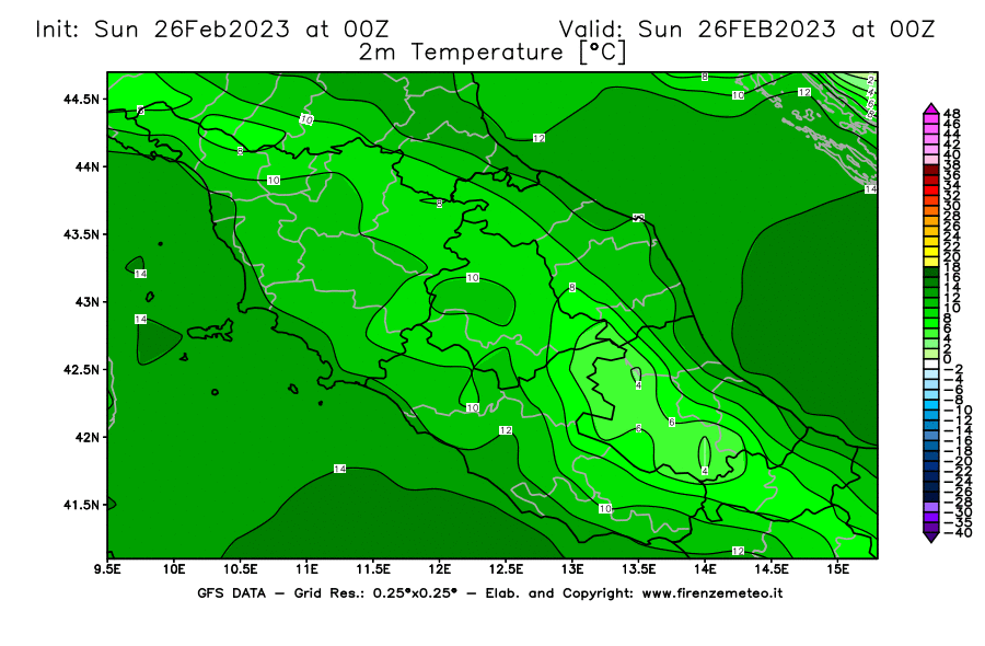 Mappa di analisi GFS - Temperatura a 2 metri dal suolo [°C] in Centro-Italia
							del 26/02/2023 00 <!--googleoff: index-->UTC<!--googleon: index-->