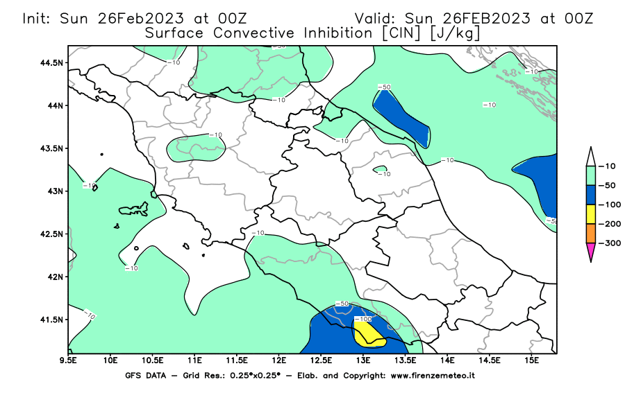 Mappa di analisi GFS - CIN [J/kg] in Centro-Italia
							del 26/02/2023 00 <!--googleoff: index-->UTC<!--googleon: index-->