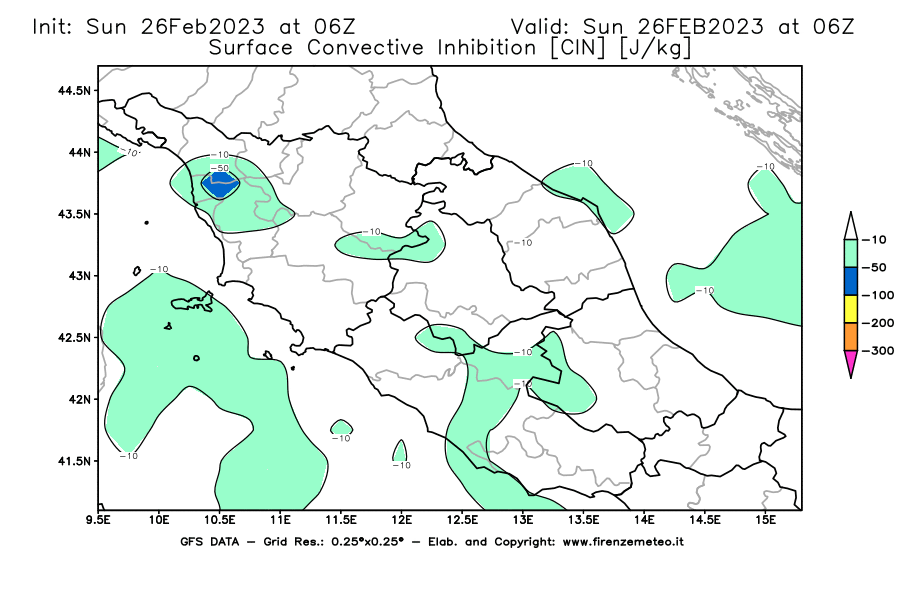 Mappa di analisi GFS - CIN [J/kg] in Centro-Italia
							del 26/02/2023 06 <!--googleoff: index-->UTC<!--googleon: index-->