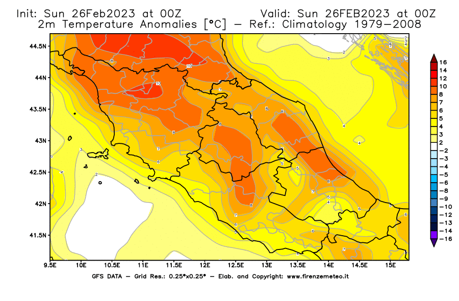 Mappa di analisi GFS - Anomalia Temperatura [°C] a 2 m in Centro-Italia
							del 26/02/2023 00 <!--googleoff: index-->UTC<!--googleon: index-->