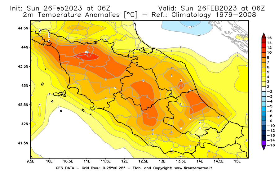 Mappa di analisi GFS - Anomalia Temperatura [°C] a 2 m in Centro-Italia
							del 26/02/2023 06 <!--googleoff: index-->UTC<!--googleon: index-->