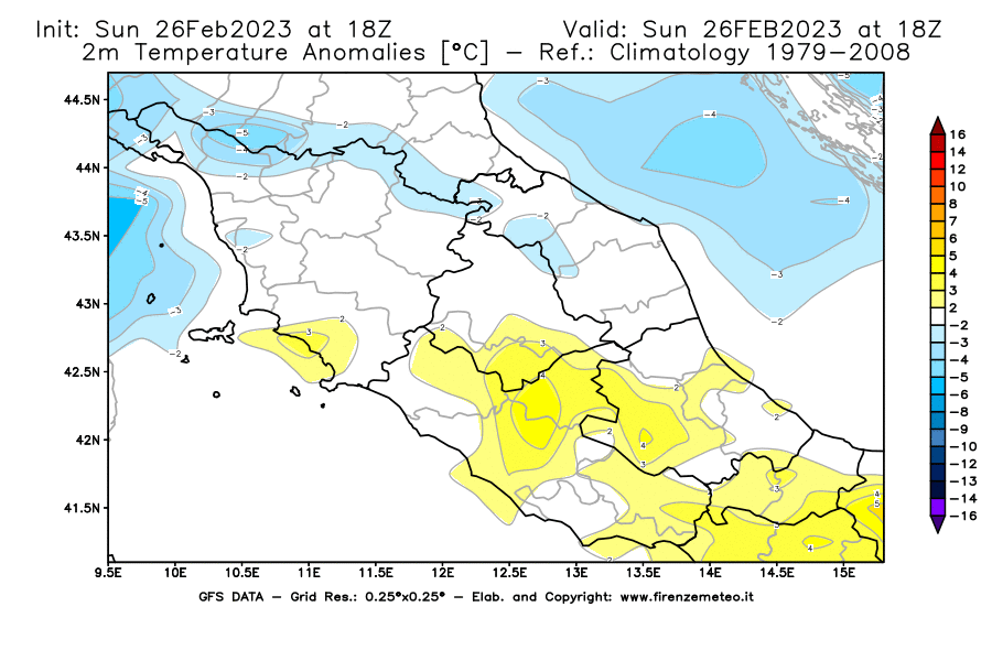 Mappa di analisi GFS - Anomalia Temperatura [°C] a 2 m in Centro-Italia
							del 26/02/2023 18 <!--googleoff: index-->UTC<!--googleon: index-->