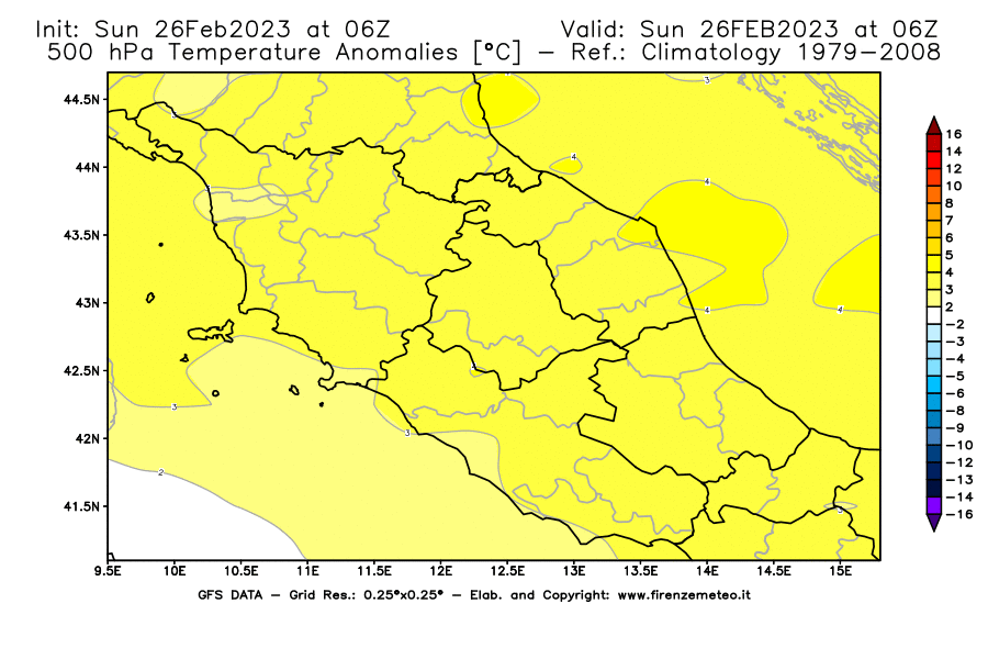 Mappa di analisi GFS - Anomalia Temperatura [°C] a 500 hPa in Centro-Italia
							del 26/02/2023 06 <!--googleoff: index-->UTC<!--googleon: index-->