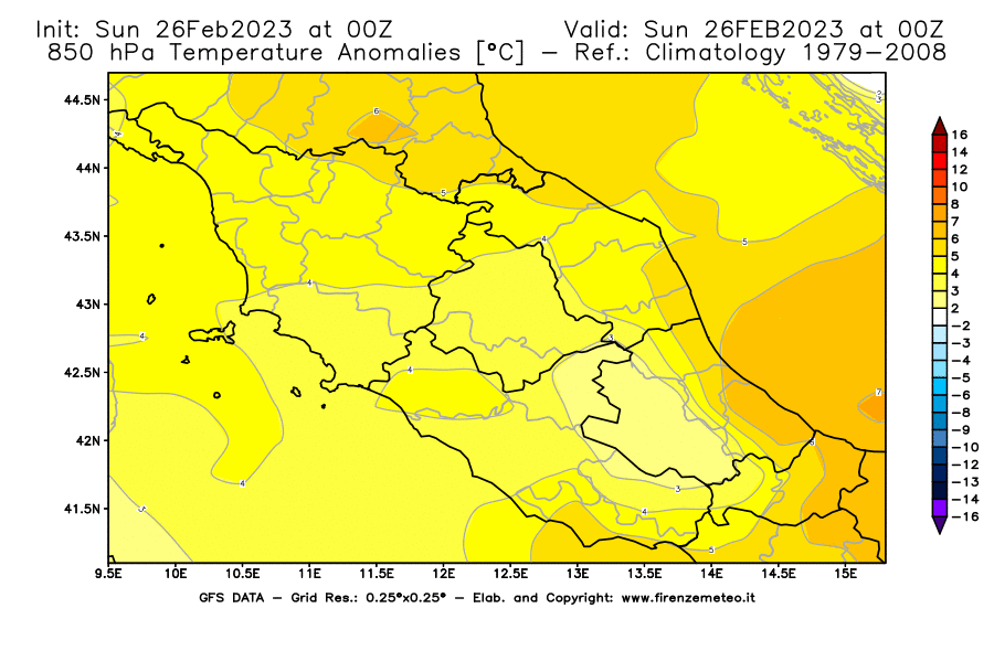 Mappa di analisi GFS - Anomalia Temperatura [°C] a 850 hPa in Centro-Italia
							del 26/02/2023 00 <!--googleoff: index-->UTC<!--googleon: index-->