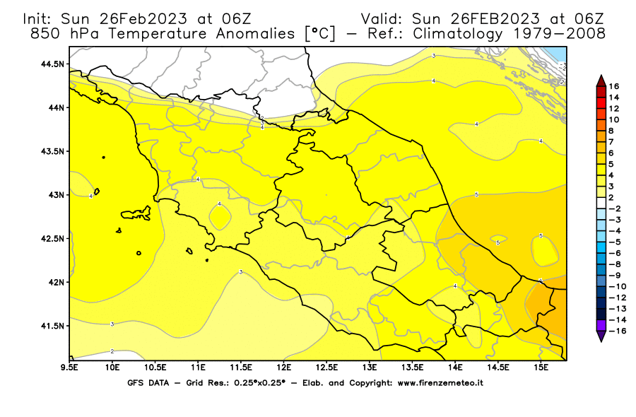 Mappa di analisi GFS - Anomalia Temperatura [°C] a 850 hPa in Centro-Italia
							del 26/02/2023 06 <!--googleoff: index-->UTC<!--googleon: index-->