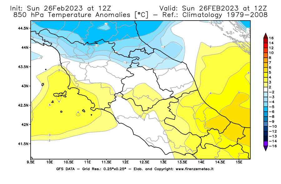 Mappa di analisi GFS - Anomalia Temperatura [°C] a 850 hPa in Centro-Italia
							del 26/02/2023 12 <!--googleoff: index-->UTC<!--googleon: index-->