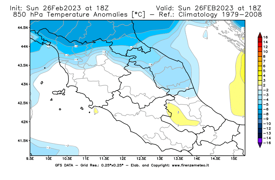 Mappa di analisi GFS - Anomalia Temperatura [°C] a 850 hPa in Centro-Italia
							del 26/02/2023 18 <!--googleoff: index-->UTC<!--googleon: index-->