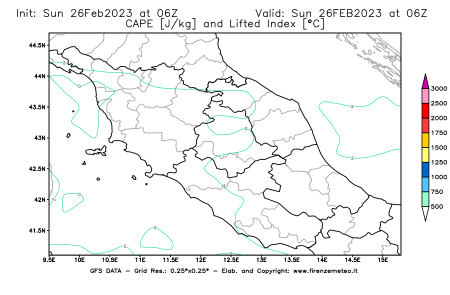 Mappa di analisi GFS - CAPE [J/kg] e Lifted Index [°C] in Centro-Italia
							del 26/02/2023 06 <!--googleoff: index-->UTC<!--googleon: index-->