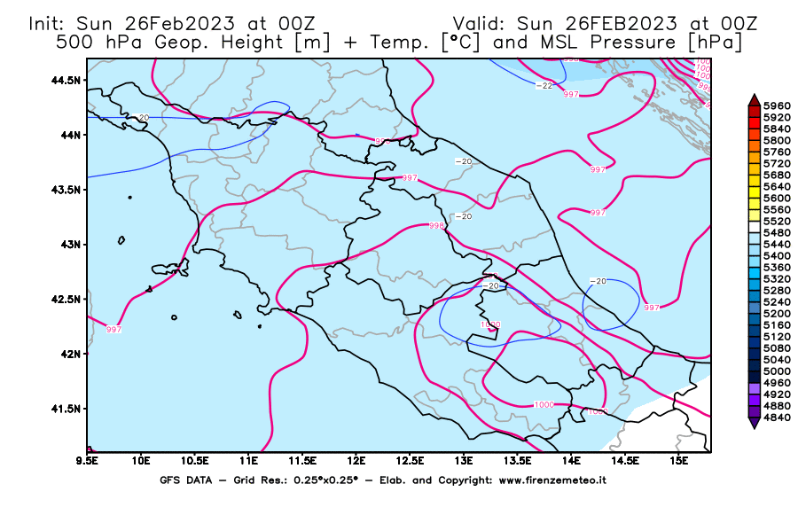 Mappa di analisi GFS - Geopotenziale [m] + Temp. [°C] a 500 hPa + Press. a livello del mare [hPa] in Centro-Italia
							del 26/02/2023 00 <!--googleoff: index-->UTC<!--googleon: index-->