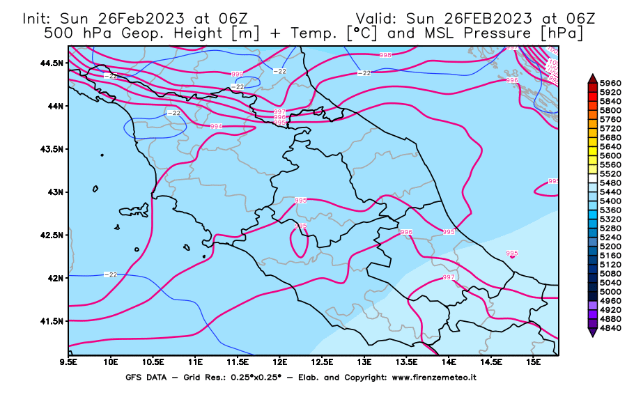 Mappa di analisi GFS - Geopotenziale [m] + Temp. [°C] a 500 hPa + Press. a livello del mare [hPa] in Centro-Italia
							del 26/02/2023 06 <!--googleoff: index-->UTC<!--googleon: index-->