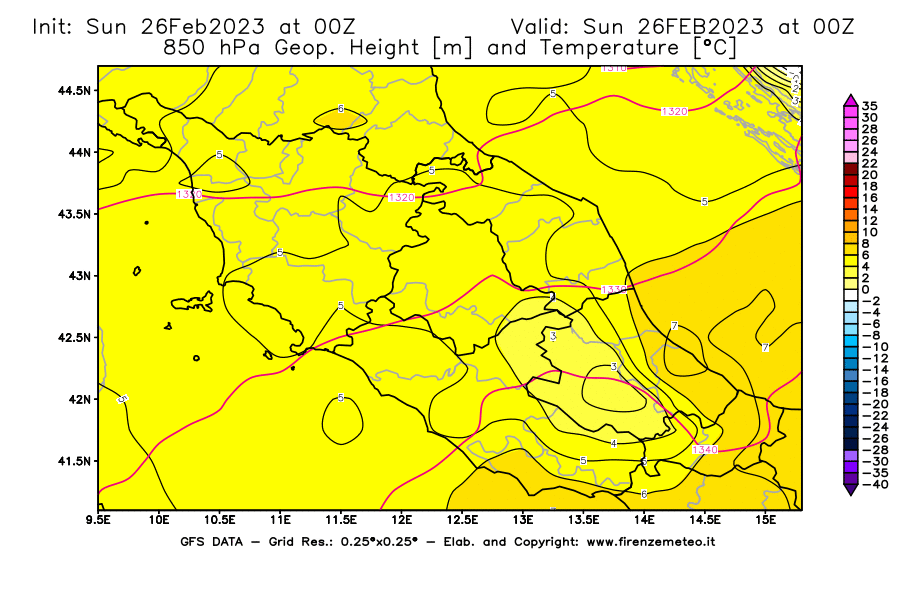 Mappa di analisi GFS - Geopotenziale [m] e Temperatura [°C] a 850 hPa in Centro-Italia
							del 26/02/2023 00 <!--googleoff: index-->UTC<!--googleon: index-->