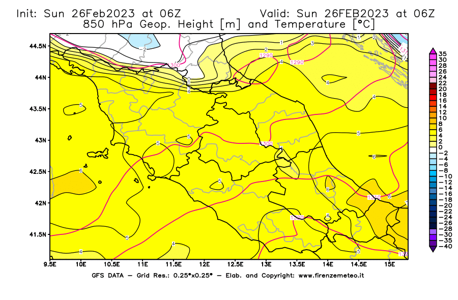 Mappa di analisi GFS - Geopotenziale [m] e Temperatura [°C] a 850 hPa in Centro-Italia
							del 26/02/2023 06 <!--googleoff: index-->UTC<!--googleon: index-->