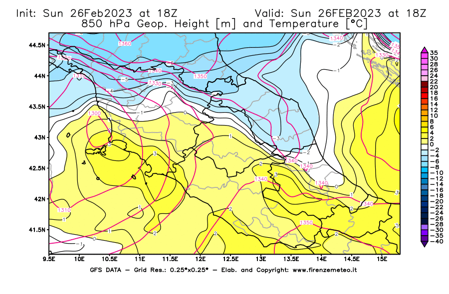 Mappa di analisi GFS - Geopotenziale [m] e Temperatura [°C] a 850 hPa in Centro-Italia
							del 26/02/2023 18 <!--googleoff: index-->UTC<!--googleon: index-->