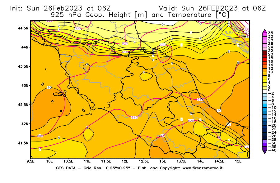 Mappa di analisi GFS - Geopotenziale [m] e Temperatura [°C] a 925 hPa in Centro-Italia
							del 26/02/2023 06 <!--googleoff: index-->UTC<!--googleon: index-->