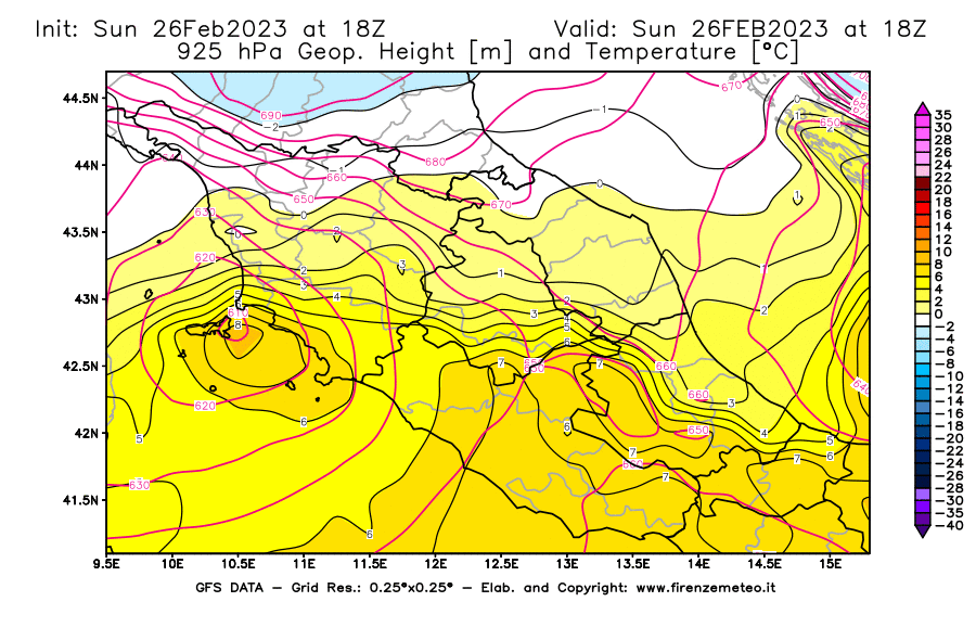 Mappa di analisi GFS - Geopotenziale [m] e Temperatura [°C] a 925 hPa in Centro-Italia
							del 26/02/2023 18 <!--googleoff: index-->UTC<!--googleon: index-->