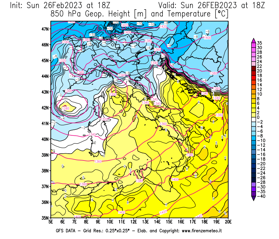 Mappa di analisi GFS - Geopotenziale [m] e Temperatura [°C] a 850 hPa in Italia
							del 26/02/2023 18 <!--googleoff: index-->UTC<!--googleon: index-->