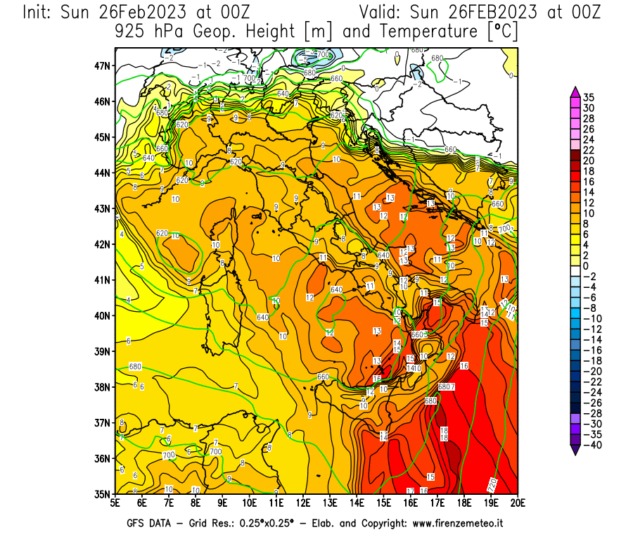 Mappa di analisi GFS - Geopotenziale [m] e Temperatura [°C] a 925 hPa in Italia
							del 26/02/2023 00 <!--googleoff: index-->UTC<!--googleon: index-->