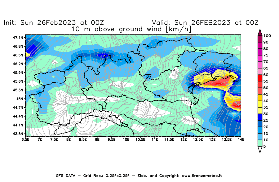 Mappa di analisi GFS - Velocità del vento a 10 metri dal suolo [km/h] in Nord-Italia
							del 26/02/2023 00 <!--googleoff: index-->UTC<!--googleon: index-->