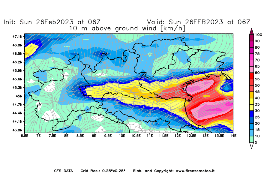 Mappa di analisi GFS - Velocità del vento a 10 metri dal suolo [km/h] in Nord-Italia
							del 26/02/2023 06 <!--googleoff: index-->UTC<!--googleon: index-->