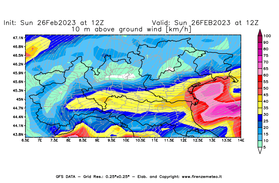 Mappa di analisi GFS - Velocità del vento a 10 metri dal suolo [km/h] in Nord-Italia
							del 26/02/2023 12 <!--googleoff: index-->UTC<!--googleon: index-->