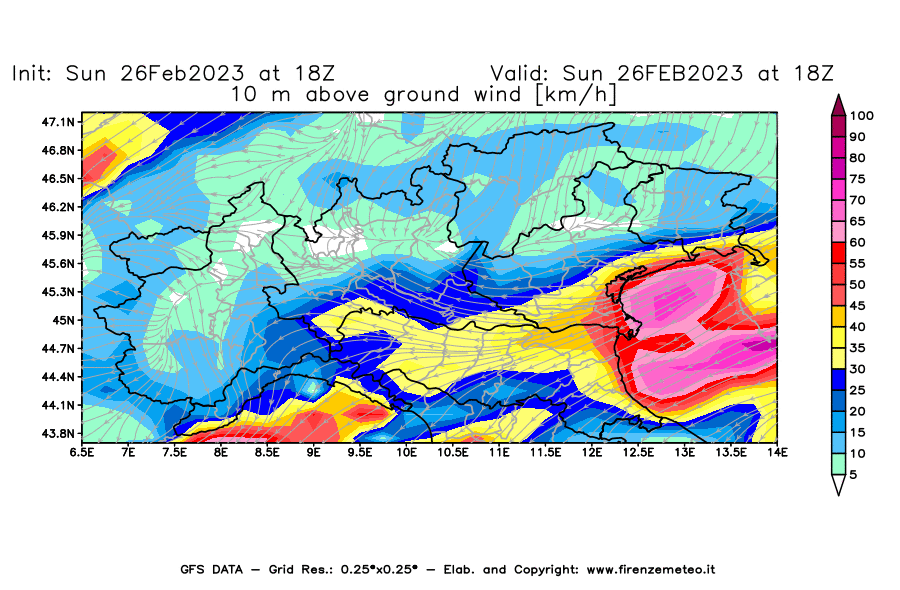 Mappa di analisi GFS - Velocità del vento a 10 metri dal suolo [km/h] in Nord-Italia
							del 26/02/2023 18 <!--googleoff: index-->UTC<!--googleon: index-->