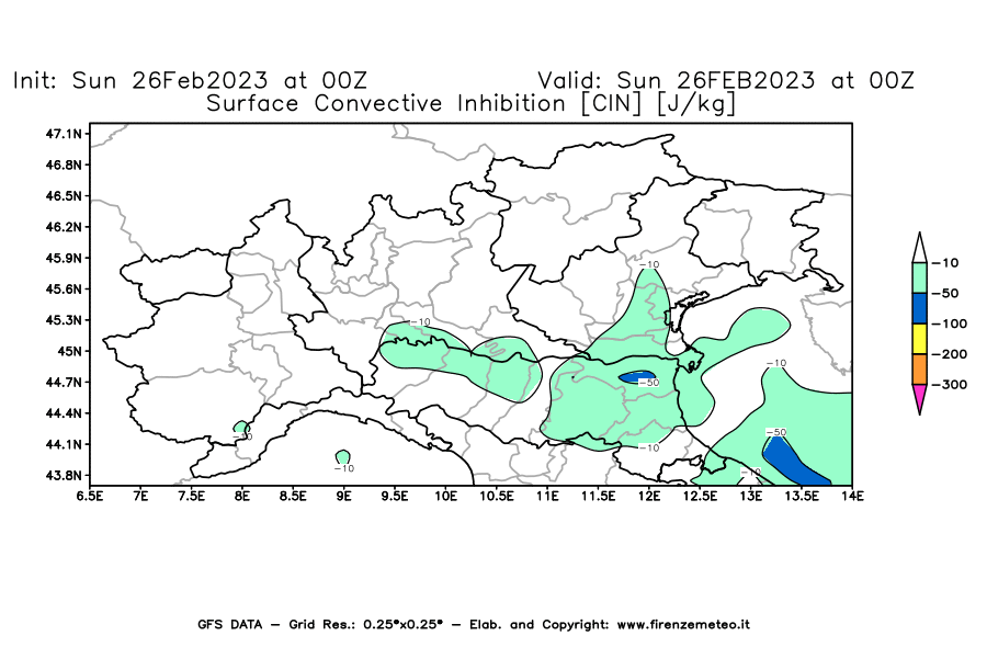 Mappa di analisi GFS - CIN [J/kg] in Nord-Italia
							del 26/02/2023 00 <!--googleoff: index-->UTC<!--googleon: index-->