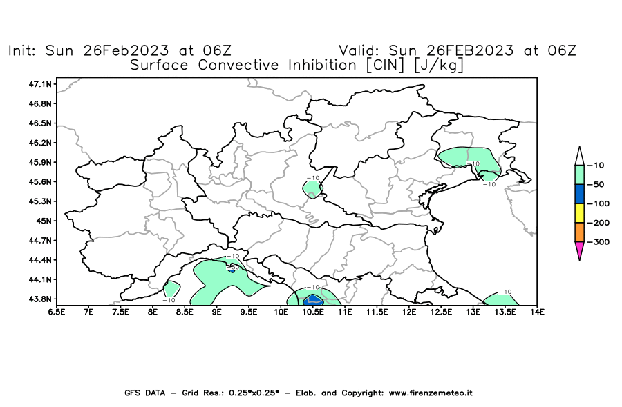 Mappa di analisi GFS - CIN [J/kg] in Nord-Italia
							del 26/02/2023 06 <!--googleoff: index-->UTC<!--googleon: index-->