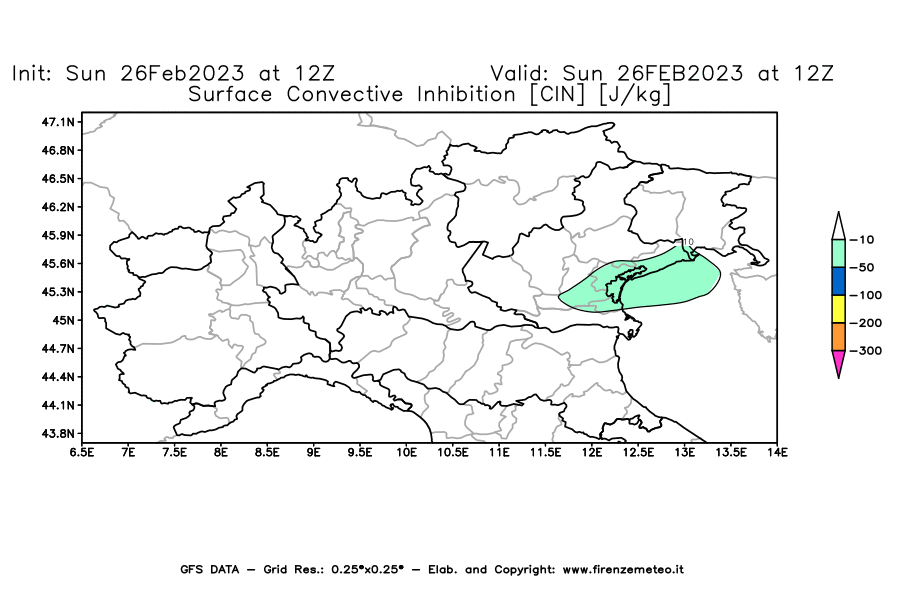 Mappa di analisi GFS - CIN [J/kg] in Nord-Italia
							del 26/02/2023 12 <!--googleoff: index-->UTC<!--googleon: index-->
