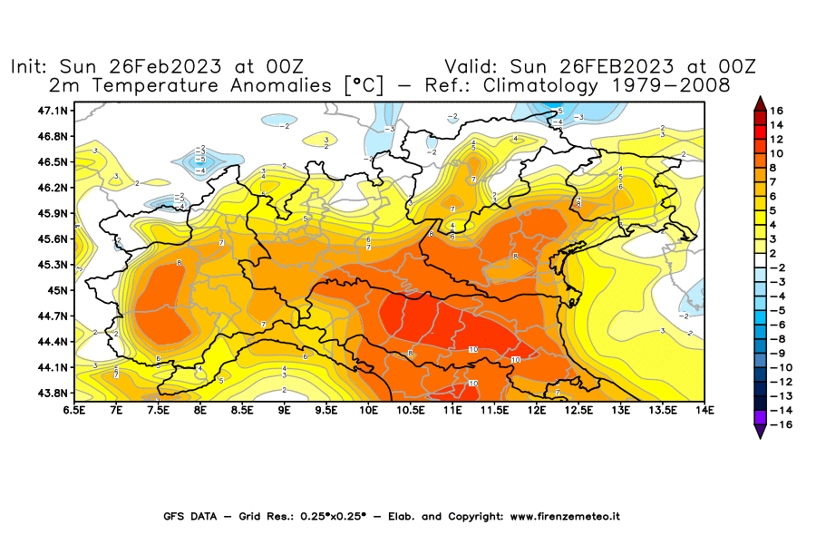 Mappa di analisi GFS - Anomalia Temperatura [°C] a 2 m in Nord-Italia
							del 26/02/2023 00 <!--googleoff: index-->UTC<!--googleon: index-->